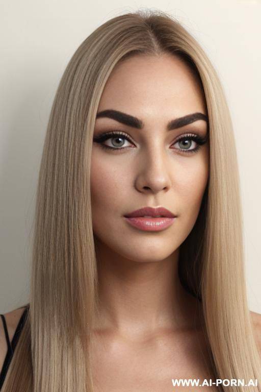 face view only. front view. blonde straight hair, chubby rectanglar face, dark eye shw and eyebrows. long, ended pointy nose. big eyelashes. straight eyebrows. looking straight down the camera. - #main