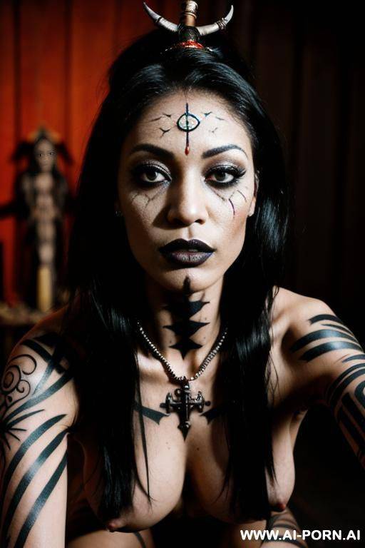 ((voodoo priestess)), (dominant face, dark makeup), (voodoo tattoos), (completely naked, kneeling over camera, arms bound behind), (voodoo scene), (pov, closeup on pussy) - #main