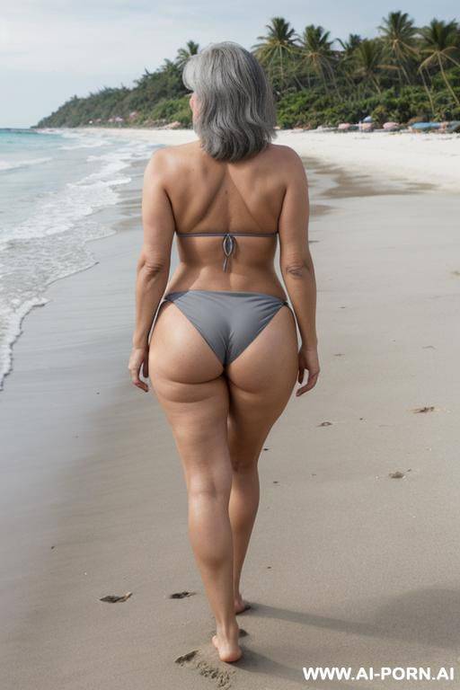 back view, big ass, 0 year old grandmother, full body, standing, short gray hair, lady, clearly visible age marks, triangular hips, thick thighs, wearing gray bikini, walking along the beach full of women - #main