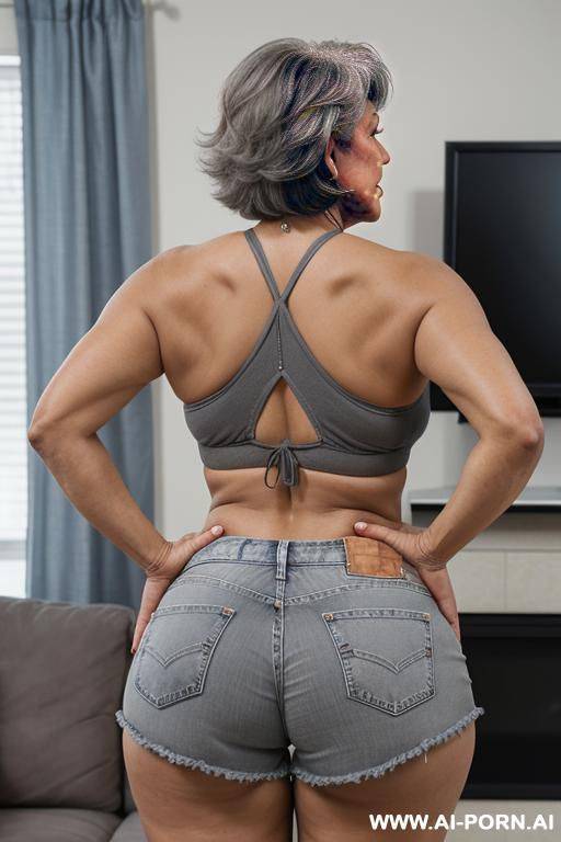 back view, big ass, 0 year old grandmother, full body, standing, short grey hair, lady, clearly visible age marks, triangular hips, thick thighs, hands on hips, denim shorts, grey bikini, living room in front of the television - #main