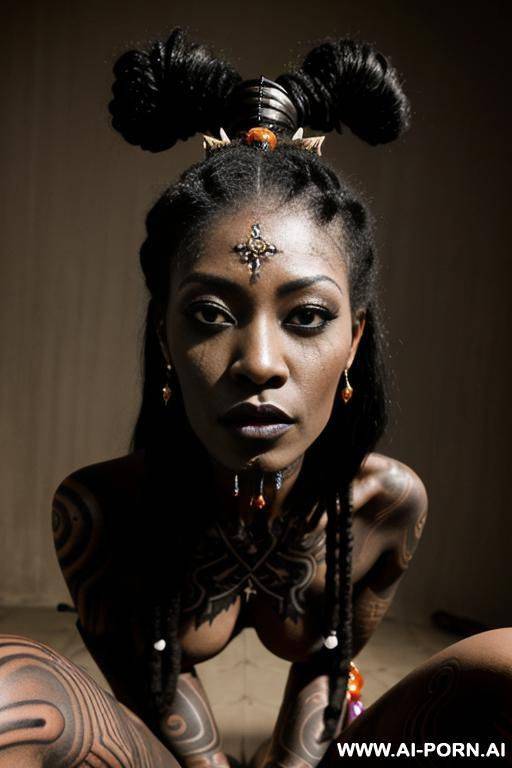 ((voodoo priestess)), (dominant face, dark makeup), (voodoo tattoos), (completely naked, kneeling over camera, arms bound behind), (voodoo scene), (pov, closeup on pussy) - #main