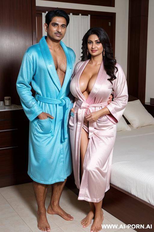 creat an image of a indian milf, age 32, wearing sexy bathrobe, standing with 2 male s of age 18. both are holding boobs of milf - #main