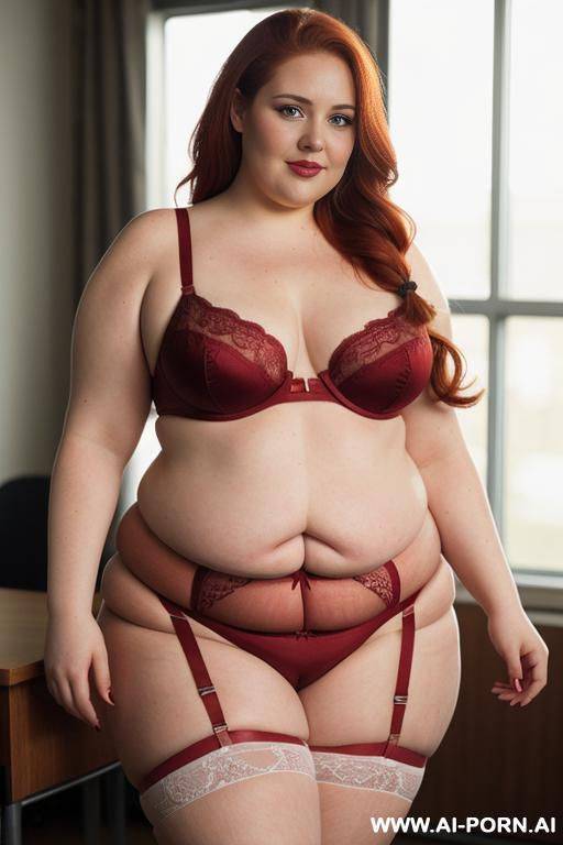 half body photo shot close up. about at classroom. a ((british obese)) fat bbw redhead, thick with love medium handless. wearing a red sexy and hot garter belt lingerie. dynamic angle. - #main
