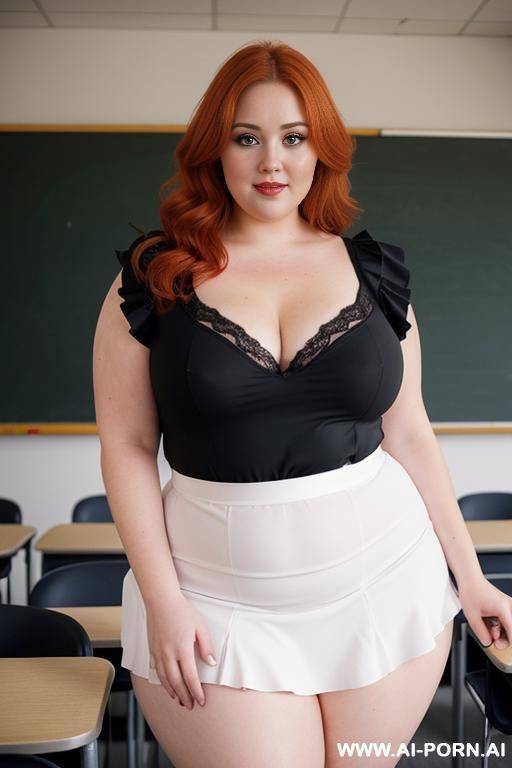 full body photo shot, about at classroom, so chubby and so fat bbw curvy teacher, wearing a sexy and hot micro red ruffle microskirt and elegant micro garter belt top, speaking to the classroom. - #main