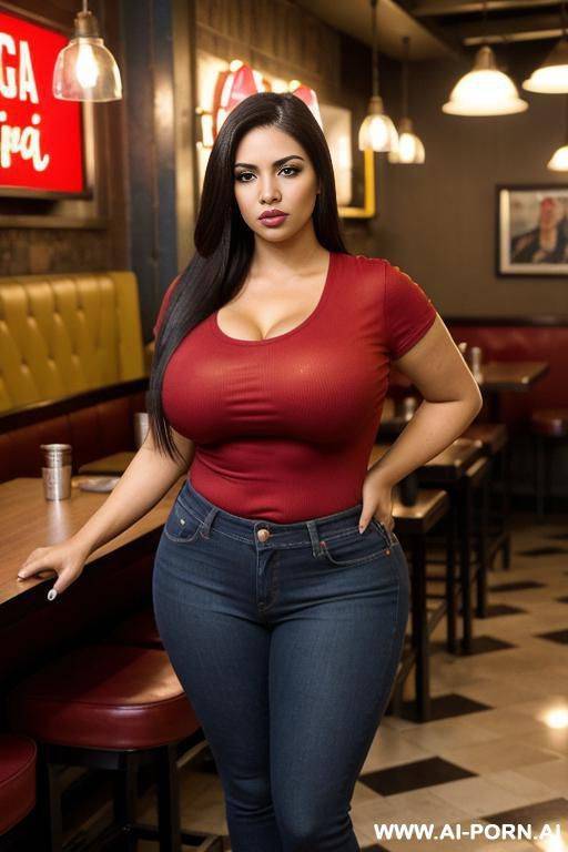 supermodel face, mexican, chola, pear shaped body,, pizza parlor, tight clothes, red shirt - #main