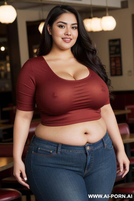 very obese, rotund, supermodel face, mexican, chola, pear shaped body,, pizza parlor, tight clothes, red shirt, extra thicc, fat woman, extremely plump, huge hips, heart shaped ass, surprised look - #main