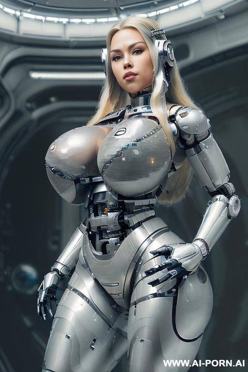 (((super realistic))) ((front view)) (((beautiful cyborg woman))) (((sexy cyborg woman))) ((chinese)) ((blonde)) ((long hair)) (((perfectly beautiful face, sexy plump lips))) (((huge expressive sexy eyes))) - #main