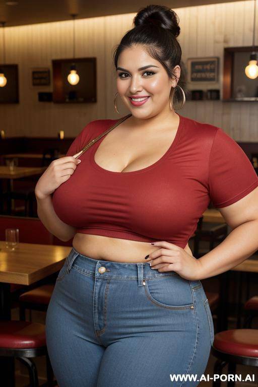 fat plump body, big belly, supermodel face, mexican, chola, pear shaped body,, pizza parlor, tight clothes, red shirt, big tummy, fat woman - #main