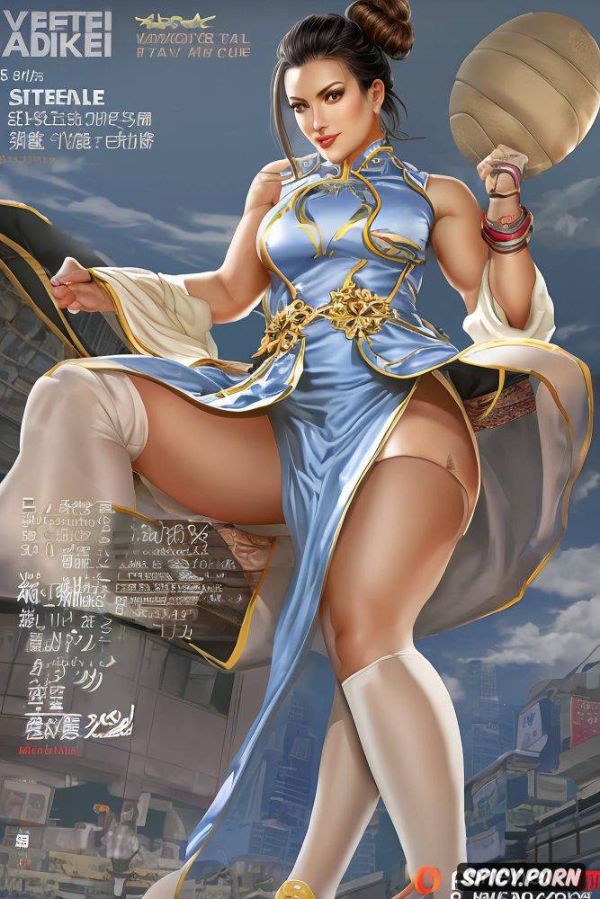 beefy thighs, voluptuous, double white hair buns, brown hair - #main