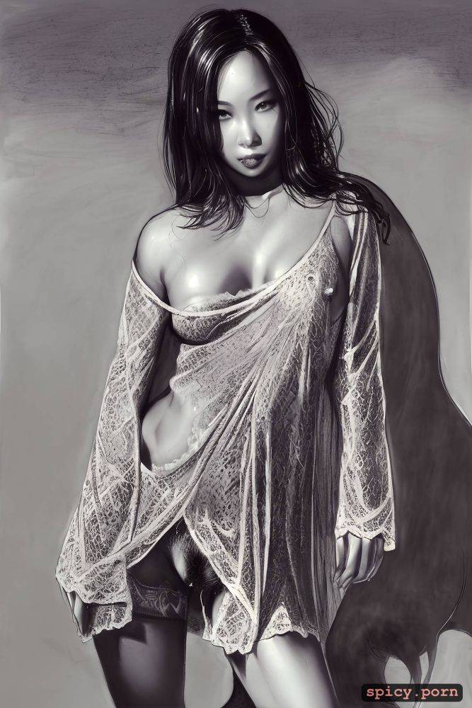 small boobs, see through shirt with underboob, charcoal smears - #main