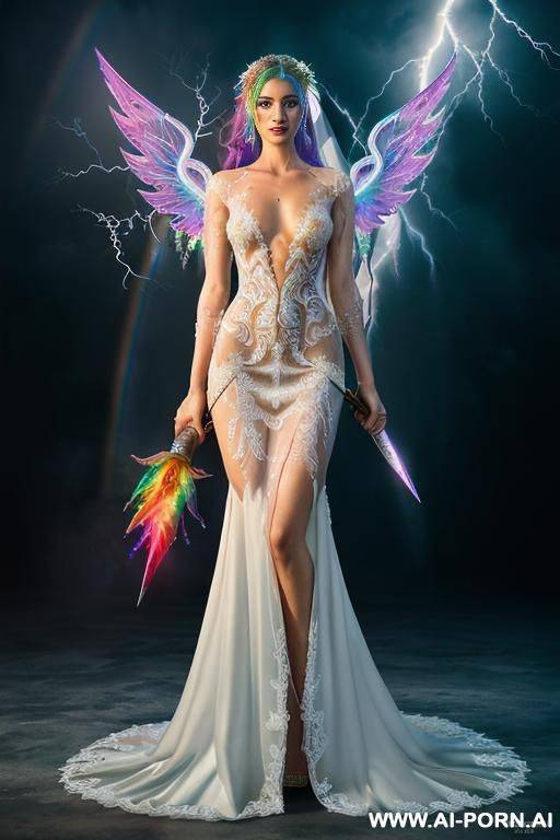 extremely tall supermodel cutie, slender, skiny, completely naked, super long legs, ((very long hair)), goddess of lightning, ((whole body covered in lightning)), bad weather, epic, (((fantasy rainbow - #main