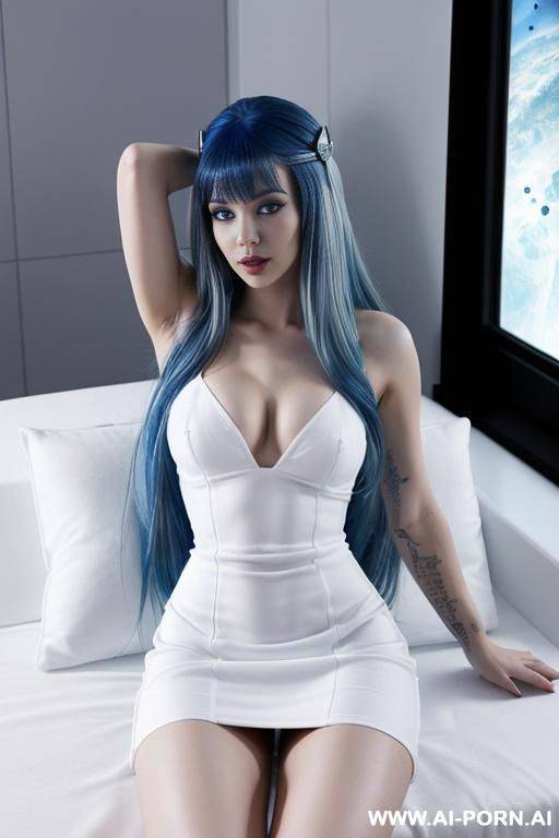 ((blue-haired elite space princess), (tight white dress), (legs spread, no panties) - #main