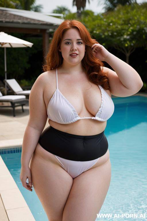 half body photo shot, about at pool, so chubby and so fat bbw curvy teacher, wearing a sexy and hot micro red ruffle microskirt and lingerie, speaking to the classroom. she is obese, so white skin - #main