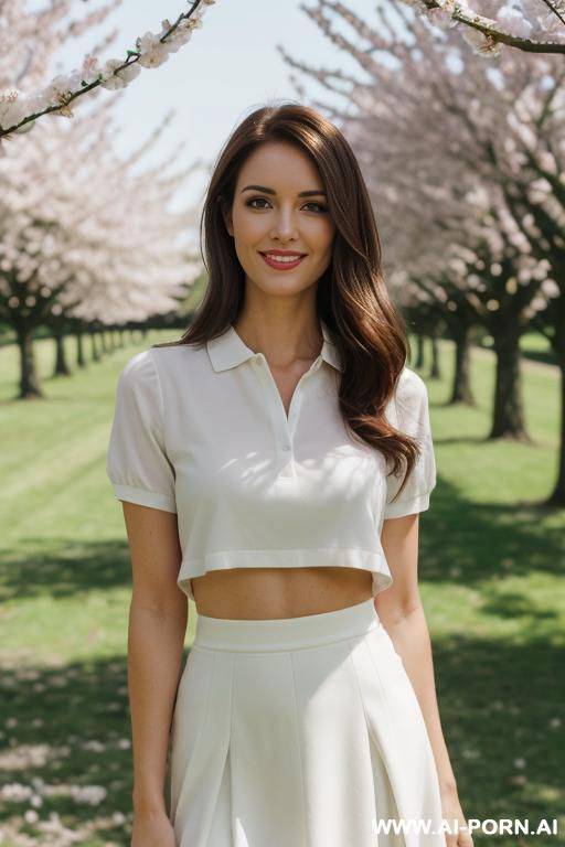 woman standing in park, (pretty face), (soft flirtatious smile), (inviting eyes), soft lighting, white outfit clothes - #main