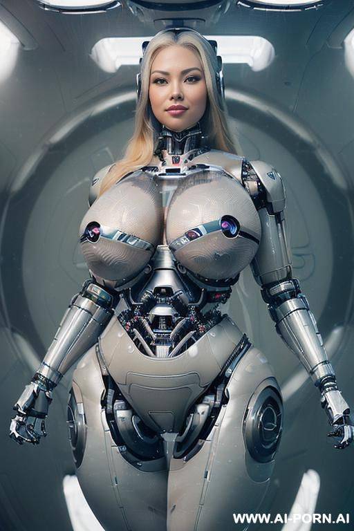 (((super realistic))) ((front view)) (((beautiful cyborg woman))) (((sexy cyborg woman))) ((chinese)) ((blonde)) (((long thick hair))) (((perfectly beautiful face, sexy plump lips))) (((huge expressive sexy - #main