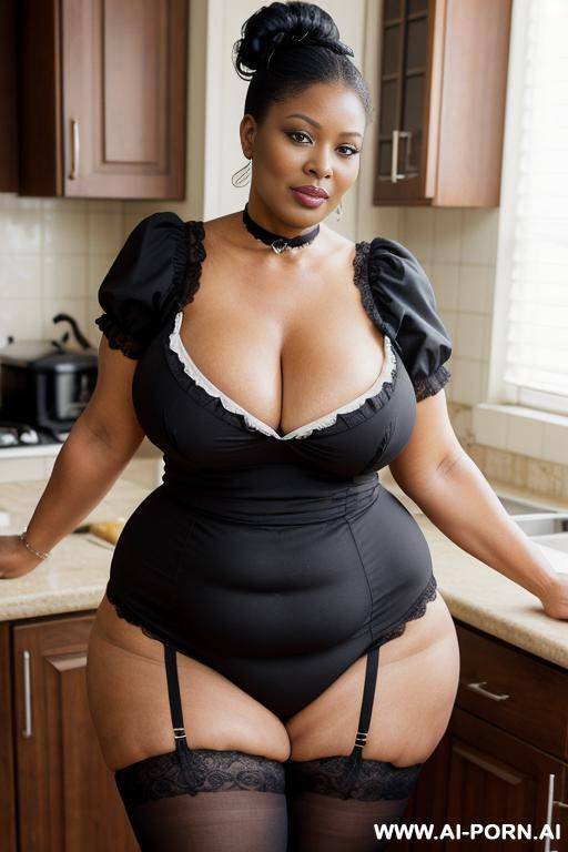 obese matured very old black gilf, very fat, very large hips, very plump, extra thicc, wrinkles, wrinkled skin, aging marks, hair bun, french maid outfit, french maid, maid, soubrette, extremely gigantic boobs, choker, perfect eyes, kitchen, waist shot - #main
