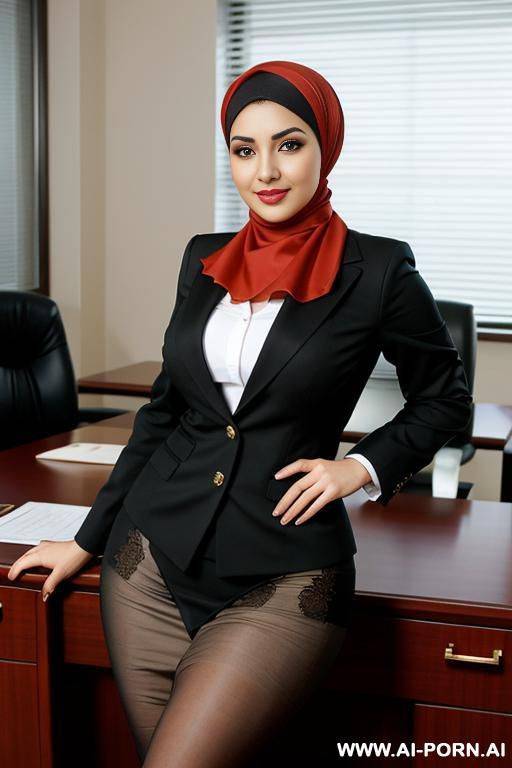 seductive arabic woman with curved hips wearing headscarf and accountant outfit in secretary desk - #main