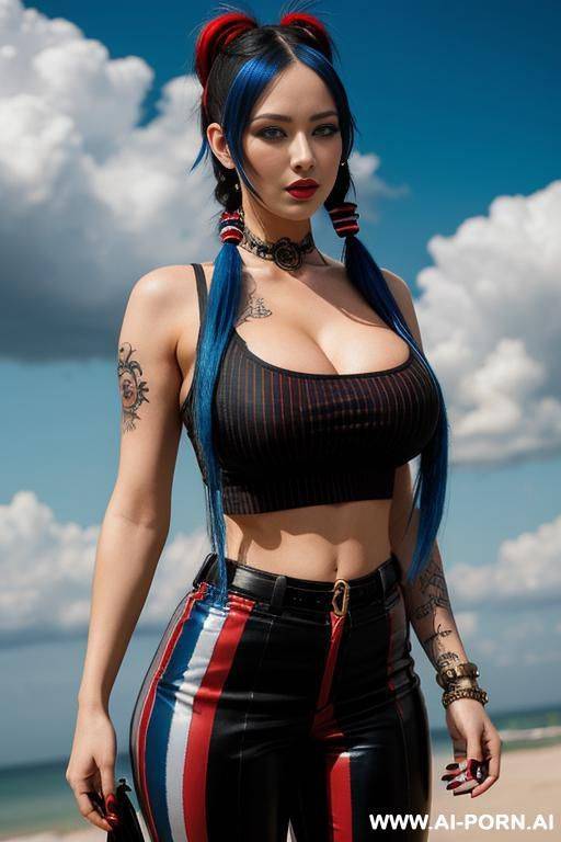 blue clouds tattoo on right arm, black sleeveless crop top, black and red striped pants, very long hair, steampunk - #main