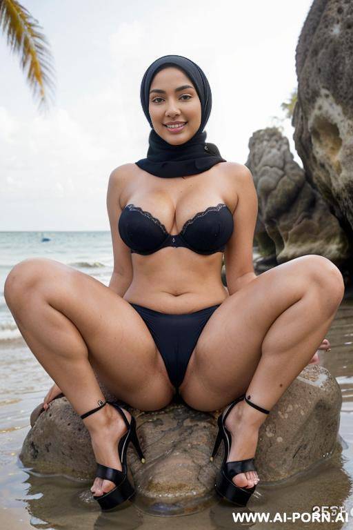 full shot, alluring thighs, big boobs, brazilian, hijab, bandeau colored bra, outside, near see, on beach, feets in water, sit on a rock, legs spread, high heel, no panty, hand before pussy, - #main
