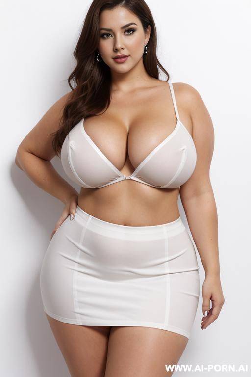 wide hips, thick thighs, blouse, skirt, posing, nipple outline, cleavage, exposed vulva, front view, white background - #main
