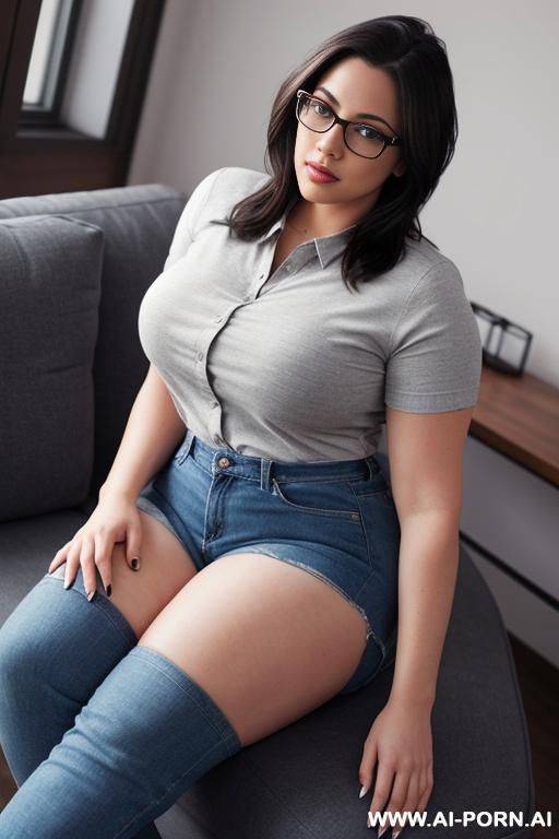 nerdy woman with thick thighs, fully clothed, full body photo, photorealism - #main