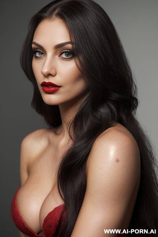 ((very long hair)) ((see trough micro-sized-shirt)) ((black dark background)) ((depth of field)) ((soft skin)) ((evening makeup)) ((look into camera)) (ideal facial ratios) (flirty and sexy energy) - #main