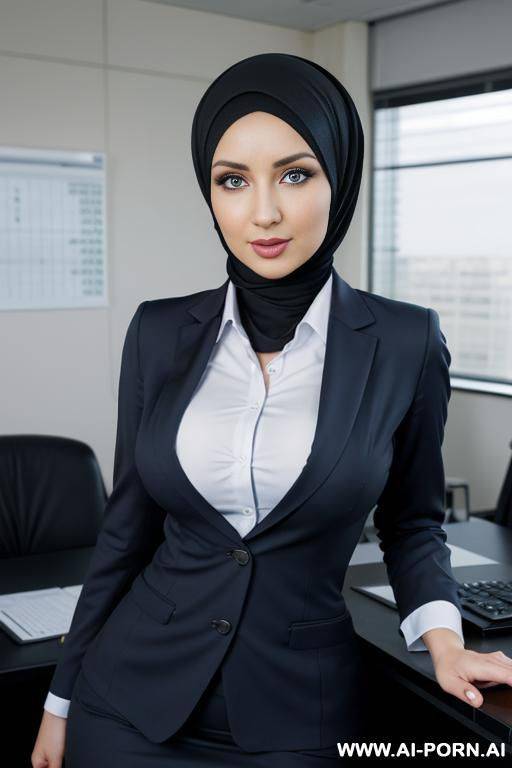medium full shot, alluring thighs, wide hips, big boobs, hijab, office, naked - #main