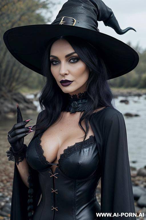 squeezes her breasts with her arms, easy cleavage, only has a bra on, you can see the nipples, the bra is made of leather and black, - #main