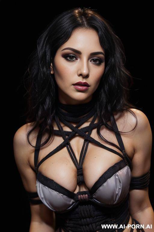 (((shibari))) ((black dark background)) ((depth of field)) ((soft skin)) ((evening makeup)) ((look into camera)) (ideal facial ratios) (flirty and sexy energy) ((smokey eye)) (low light) ((very closeup view)) - #main