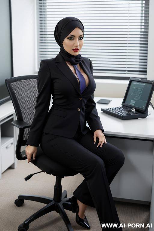 medium full shot, alluring thighs, wide hips, big boobs, arabic, headscarf, office - #main