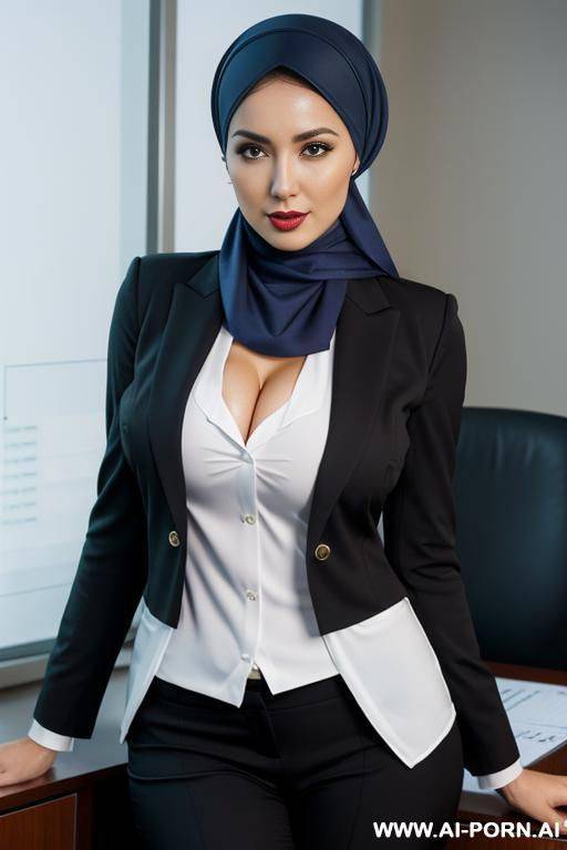 medium full shot, alluring thighs, wide hips, big boobs, headscarf, office - #main