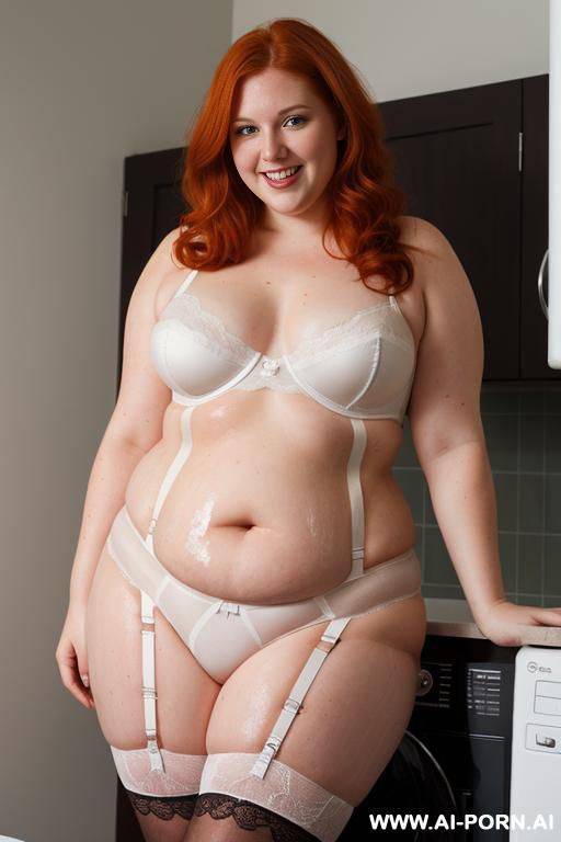 half-length photo, as a setting in the laundry area, a fat obese chubby fat thick and bbw redhead british, shis washinge clothes and is soaked in foamy water. she has lovehandless and a - #main
