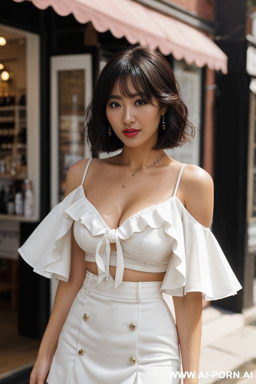woman standing in shop, (pretty face), black and white outfit clothes - #main