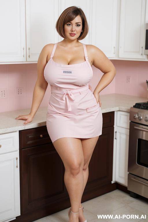 housewife standing in the kitchen, portrait, pink dress with a white apron, large boobs, pear body type, bottom heavy, curvy, fat ass, massive ass, large butt, wide hips, thick thighs - #main