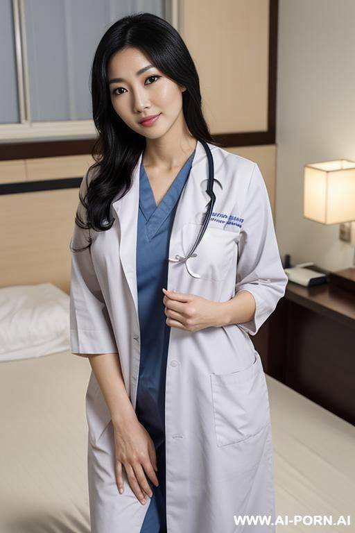 pretty japanese doctor, huge breasts, trimmed down body, wavey black hair, soft delicate features, in hospital room, wearing scrubs, standing in front of viewer, viewer laying in bed, full body view of doctor, - #main
