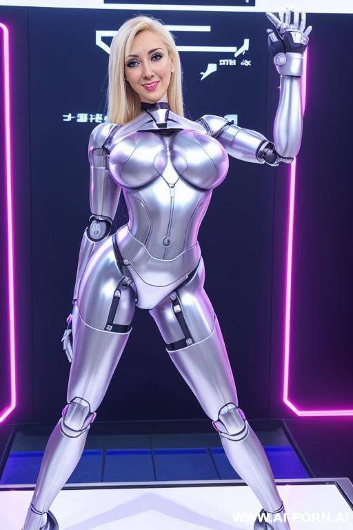 robotic superwoman, front view, full-body view, standing, hands on hips, looking at the viewer, seductive face, beautiful, twintail blonde hair, (athletic body, fully robotic body, huge robotic tits, - #main