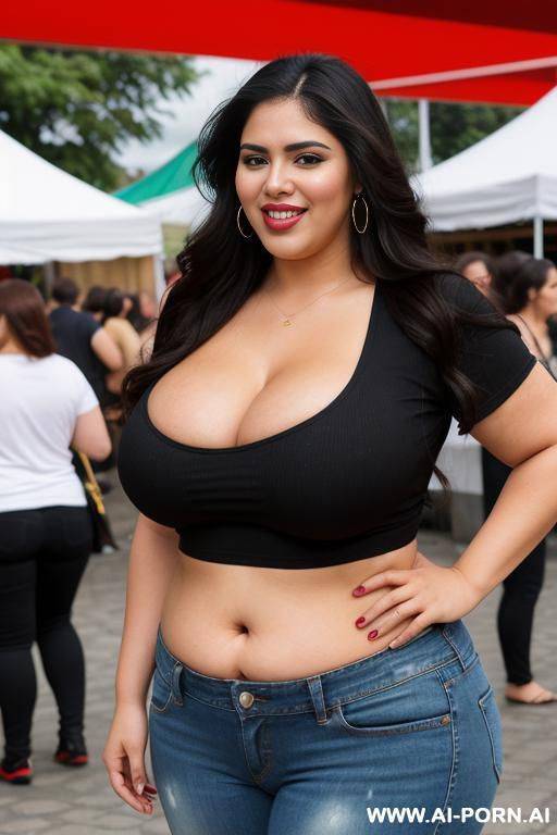 gorgeous mexican, beautiful face, chola style, pear shaped, enormously plump figure, long hair, tight shirt, massively wide hips, very obese - #main