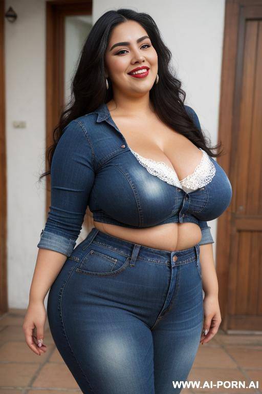 high rise jeans, gorgeous mexican, beautiful face, chola style, pear shaped, enormously plump figure, long hair, tight shirt, massively wide hips, very obese, rolls, side angle - #main