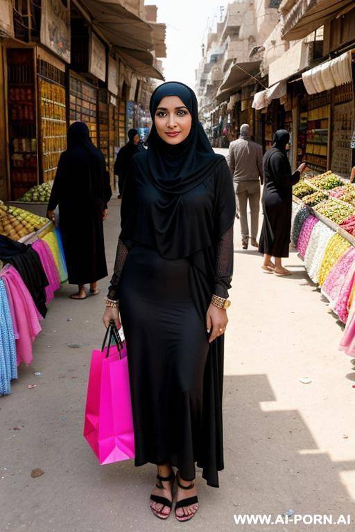 an egyptian, wearing a black hijab that covers her whole body with hijab, she is standing in a local egyptian street market with people in the background, she has brown highlighted black - #main