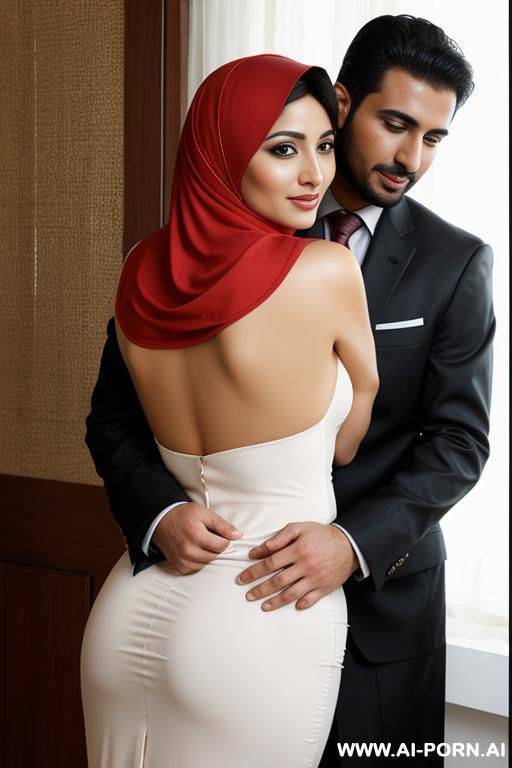 pretty and seductive arabic woman with curved hips wearing headscarf, a man hugging from the back - #main
