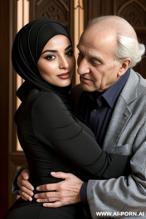 pretty and seductive arabic woman with curved hips wearing headscarf, hugging old man - #main