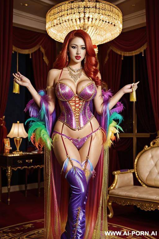 chinese, rainbow feather studed bright diamond transparent corset，feather tutu skirt， mesh robe， rainbow sequin red bra ,necklace，rainbow large pointed thigh-high boots - #main