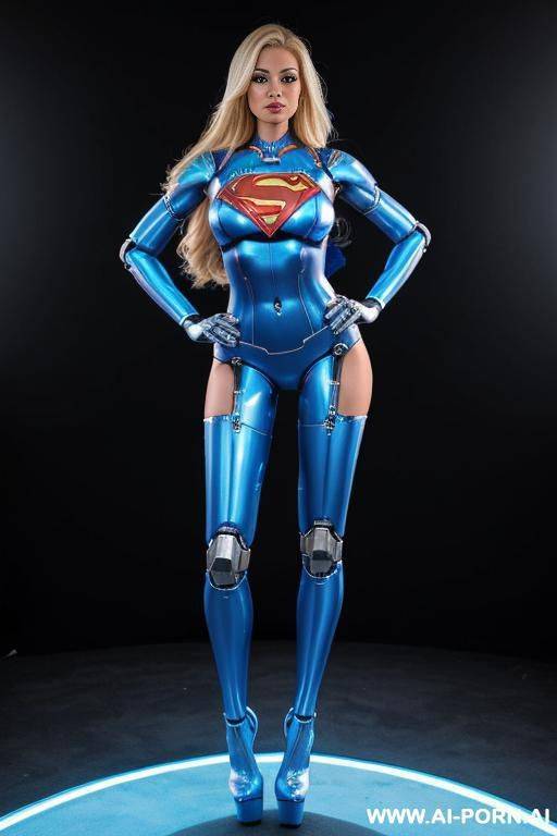 (robotic superwoman:1.1), front view, full-body view, standing, hands on hips, looking at the viewer, seductive face, beautiful, straight blonde hair, (athletic body, huge tits, tight blue full-body - #main