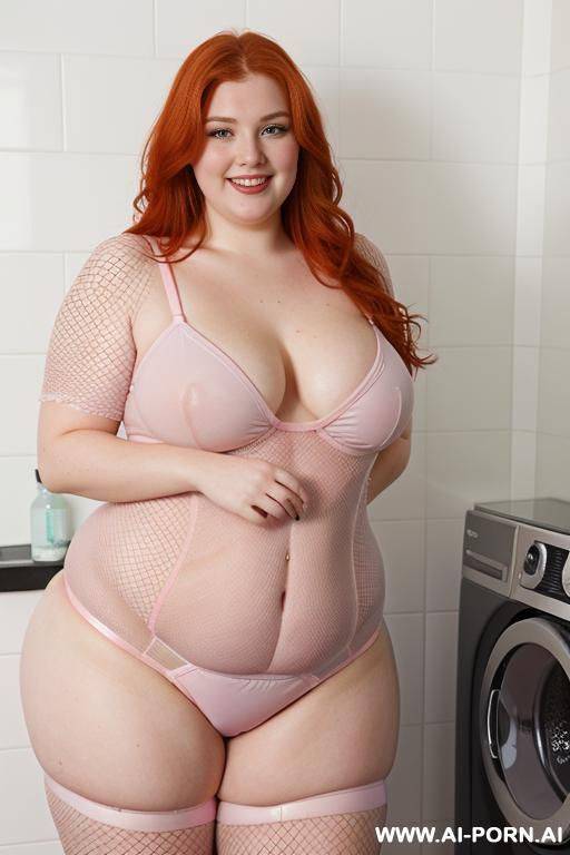 half-length photo, half body close up, as a set in the laundry area, (a obese fat) chubby fat thick and bbw redhead british, she is washing clothes and is soaked in foamy water. she has - #main