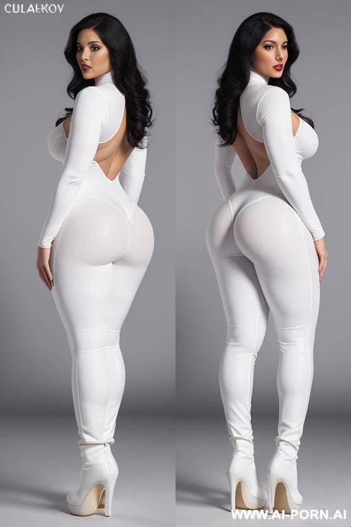 back view, big ass, chubby, wearing a tight white full-body catsuit, wearing high heel ankle boots, hourglass figure with medium breasts, bending over, four arms - #main