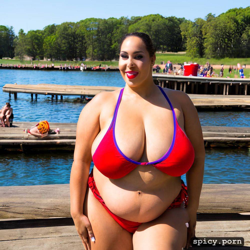 bbw, crowd, giant boobs, public lake, obese, flashing small bikini - #main