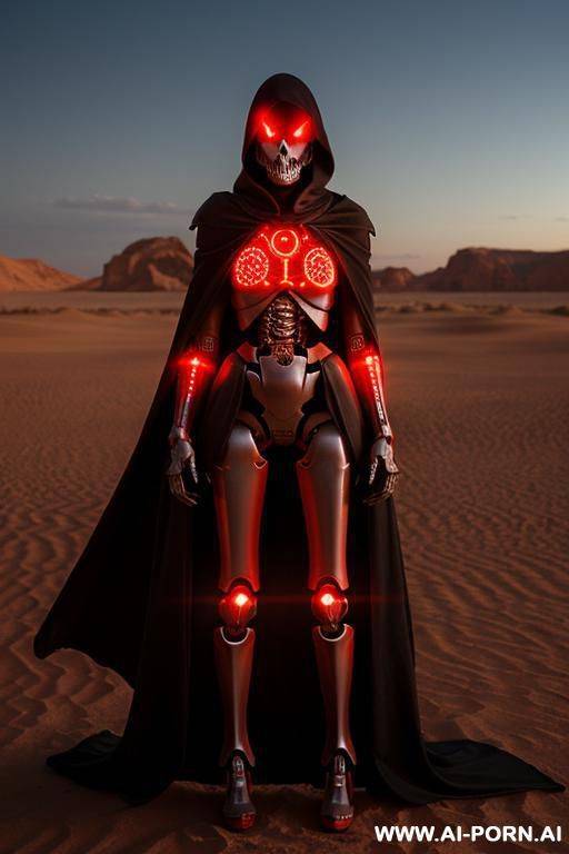 cartoon skeleton cyborg droid woman with glowing red eyes and red led lights on body standing in a desert wearing a ragged cloak - #main