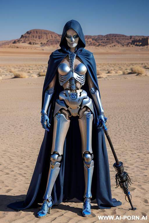 skeleton cyborg droid woman with glowing blue eyes and blue led lights on body standing in a desert wearing a ragged cloak holding a staff - #main