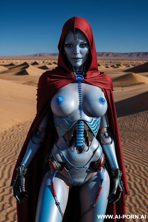 skeleton cyborg droid woman with glowing blue and red eyes and blue and red led lights on body posing seductively in a desert wearing a ragged cloak - #main