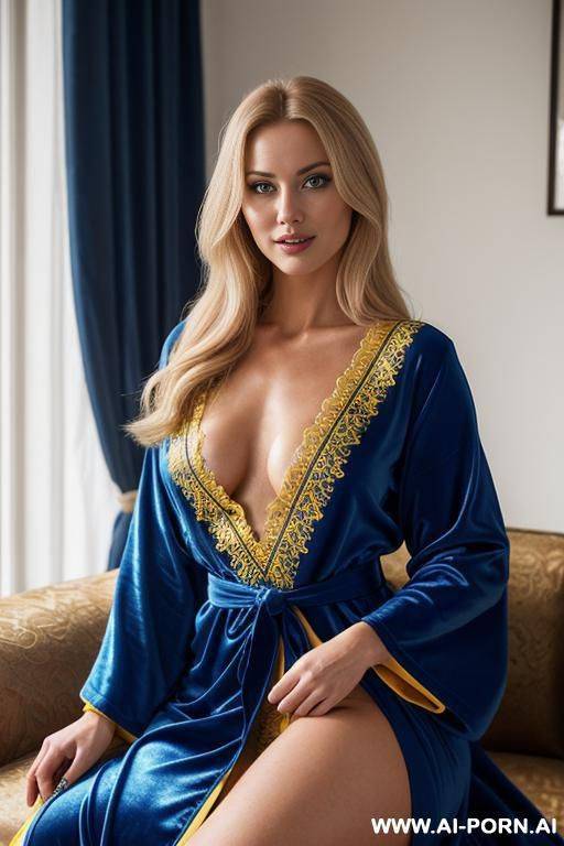 realistic swedish woman, happy, beautiful large natural boobs, beautiful natural body, blue royal robes, yellow royal lingerie, in a harem, on a couch - #main
